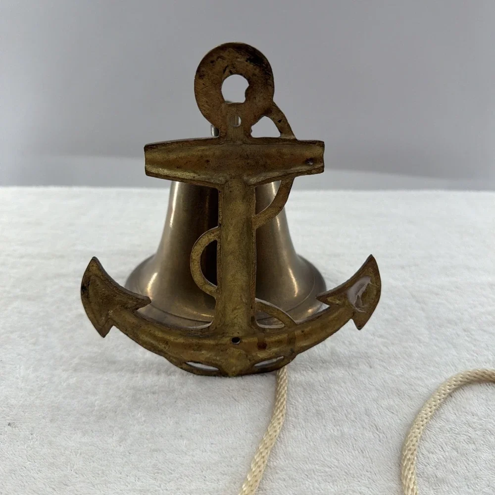 Vintage Antique Anchor Wall Mount Solid Brass Sailor Nautical Ship Bell w Rope